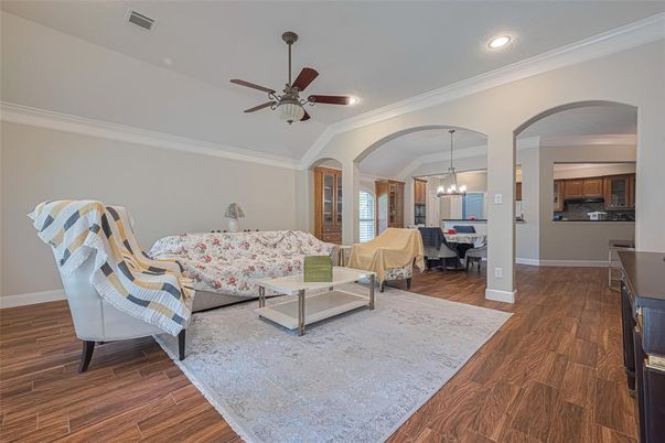 Chandelier, Dining room, Interior, Living room, Pendant Lights, Recessed Lighting, Wood Texture Flooring