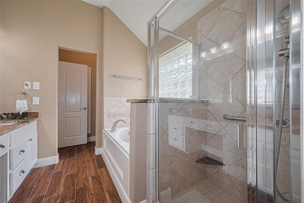 Bathroom, Glass Shower, Interior, Marble Walls, Wood Texture Flooring