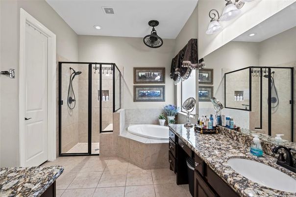 Bathroom, Dual Sink Vanities, Glass Shower, Interior, Recessed Lighting