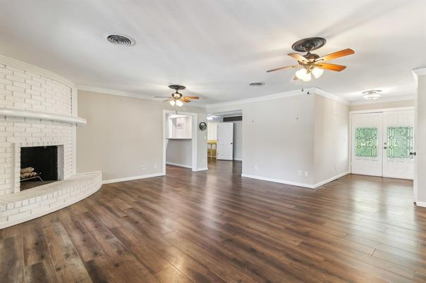 Empty room, Fireplace, Interior, Stone Walls, Wood Texture Flooring