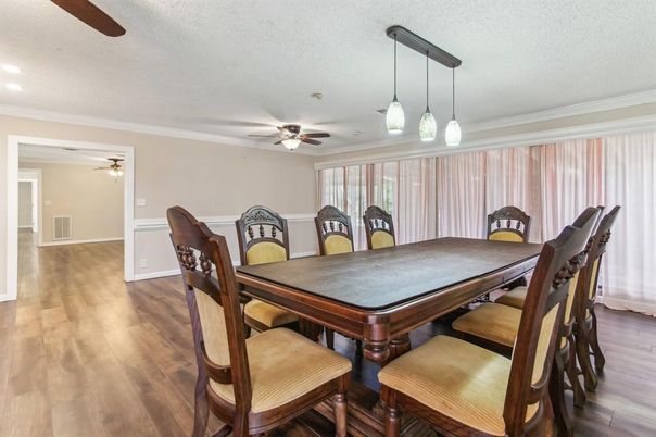 Dining room, Interior, Pendant Lights, Recessed Lighting, Wood Texture Flooring