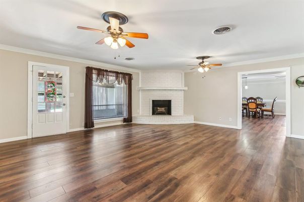 Dining room, Empty room, Fireplace, Interior, Wood Texture Flooring