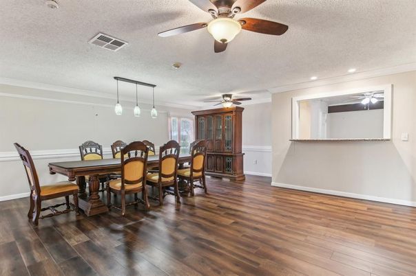 Dining room, Interior, Pendant Lights, Recessed Lighting, Wood Texture Flooring