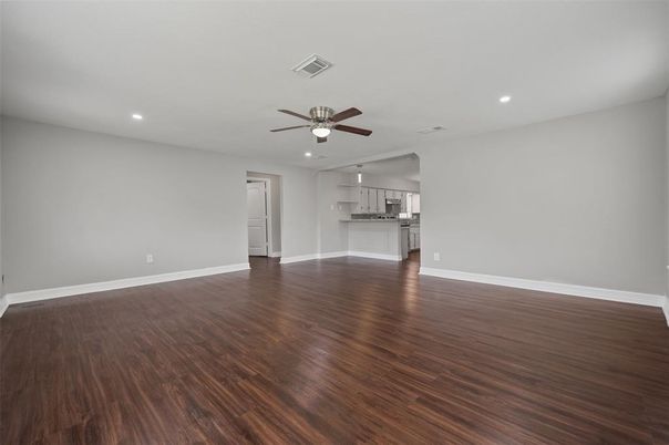 Empty room, Interior, Kitchen, Recessed Lighting, Wood Texture Flooring