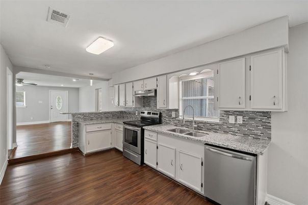 Interior, Kitchen, Recessed Lighting, Stainless Steel Appliances, Wood Texture Flooring