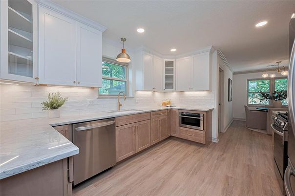 Interior, Kitchen, Pendant Lights, Recessed Lighting, Stainless Steel Appliances, Wood Texture Flooring
