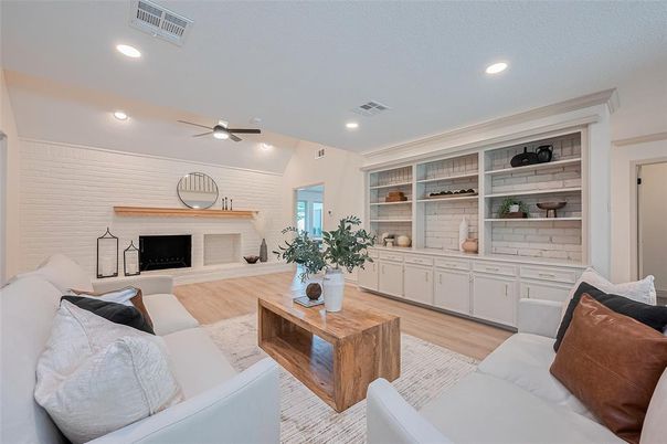 Fireplace, Interior, Living room, Recessed Lighting, Wood Texture Flooring