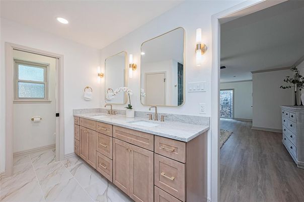 Bathroom, Dual Sink Vanities, Interior, Marble, Recessed Lighting
