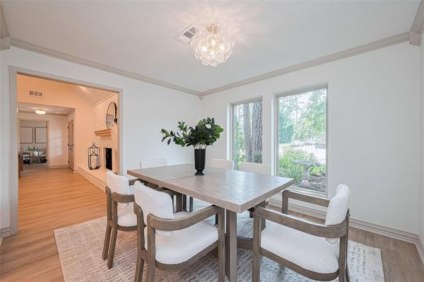 Chandelier, Dining room, Interior, Wood Texture Flooring