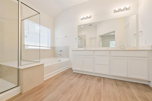 Bathroom, Dual Sink Vanities, Glass Shower, Interior, Wood Texture Flooring