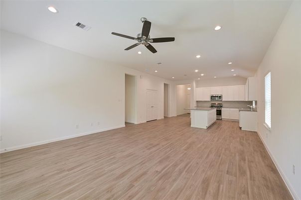 Empty room, Interior, Kitchen, Recessed Lighting, Wood Texture Flooring