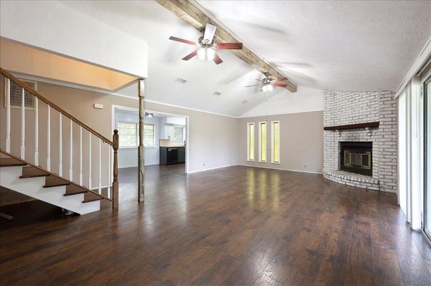 Empty room, Fireplace, Interior, Stone Walls, Wood Texture Flooring
