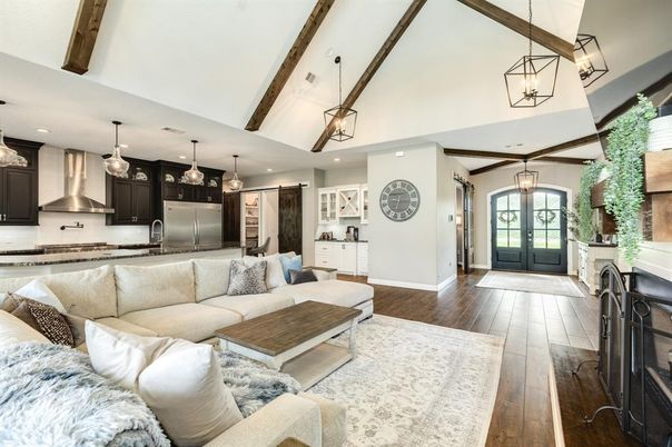 Fireplace, Interior, Kitchen, Living room, Pendant Lights, Recessed Lighting, Stainless Steel Appliances, Wooden Beams, Wood Texture Flooring