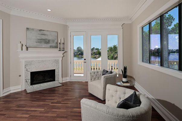 Fireplace, Interior, Living room, Recessed Lighting, Wood Texture Flooring