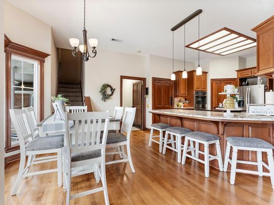 Chandelier, Dining room, Interior, Kitchen, Pendant Lights, Stainless Steel Appliances, Wood Texture Flooring