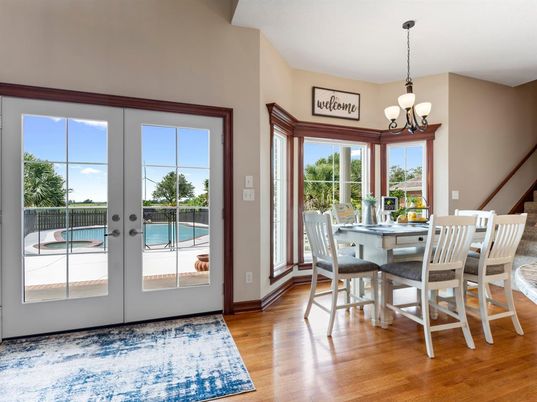 Chandelier, Dining room, Interior, Wood Texture Flooring