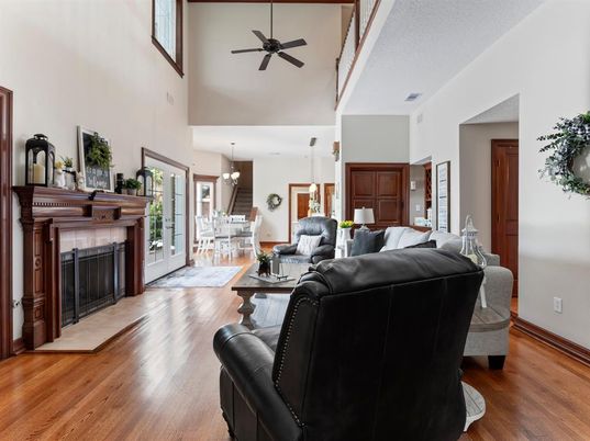 Chandelier, Dining room, Fireplace, Interior, Living room, Pendant Lights, Wood Texture Flooring