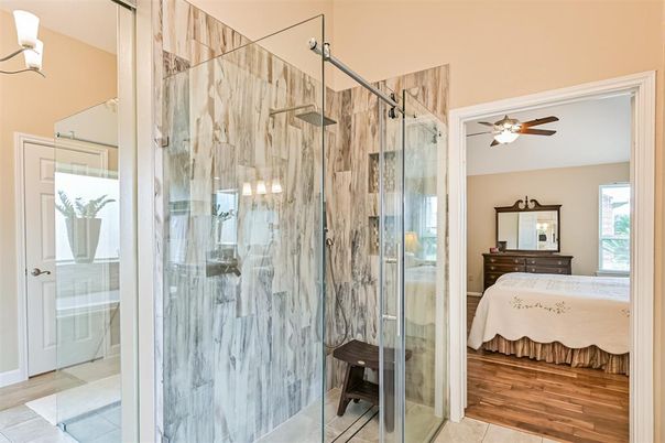 Bathroom, Bedroom, Glass Shower, Interior, Marble Walls, Wood Texture Flooring