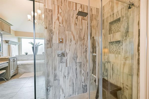 Bathroom, Glass Shower, Interior, Pendant Lights