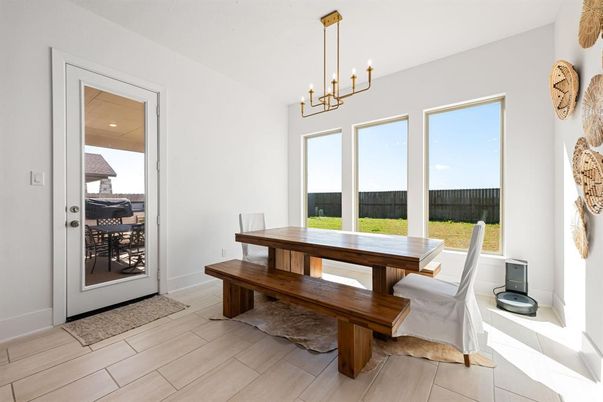 Dining room, Interior, Pendant Lights, Wood Texture Flooring