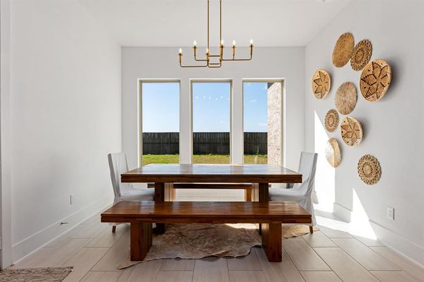 Dining room, Interior, Pendant Lights, Wood Texture Flooring