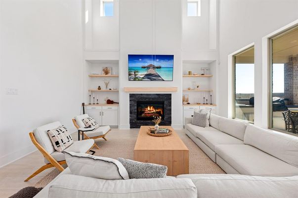 Fireplace, Interior, Living room, Pendant Lights