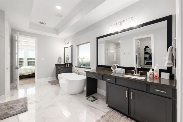Bathroom, Dual Sink Vanities, Free Standing Baths, Interior, Marble, Recessed Lighting