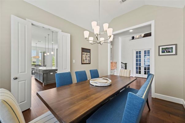 Chandelier, Dining room, Interior, Pendant Lights, Recessed Lighting, Wood Texture Flooring