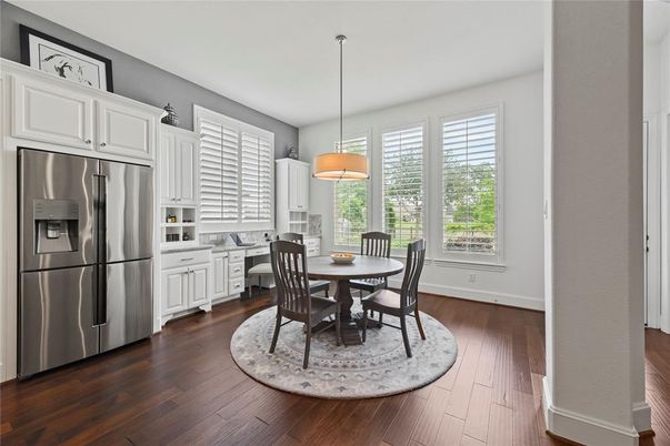 Dining room, Interior, Kitchen, Pendant Lights, Stainless Steel Appliances, Wood Texture Flooring
