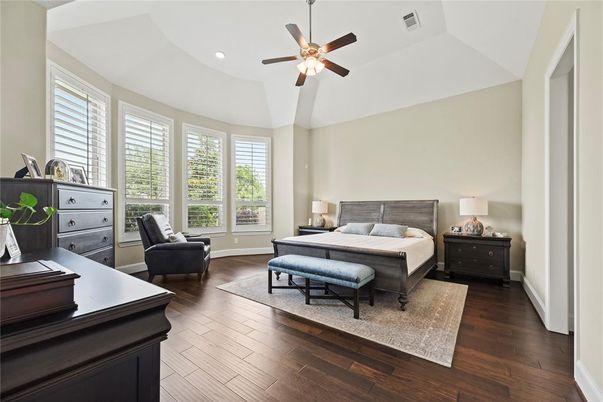 Bedroom, Interior, Recessed Lighting, Wood Texture Flooring