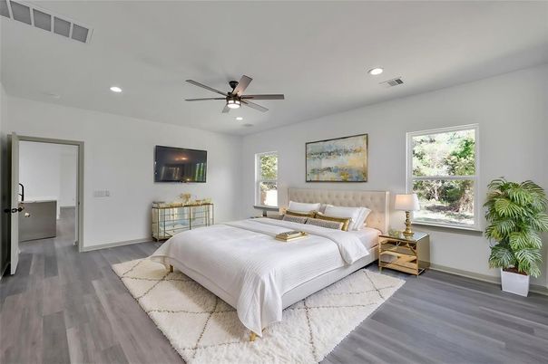 Bedroom, Interior, Recessed Lighting, Wood Texture Flooring
