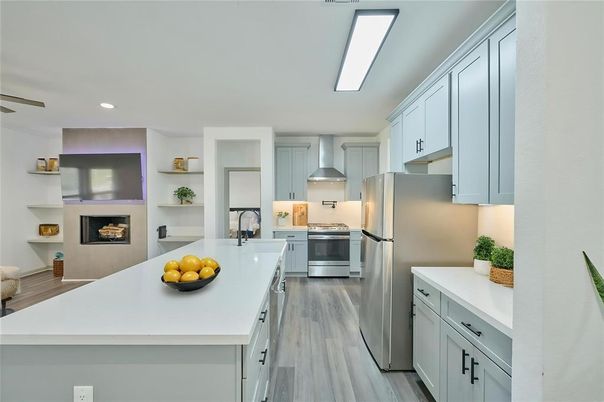 Interior, Kitchen, Recessed Lighting, Stainless Steel Appliances, Wood Texture Flooring