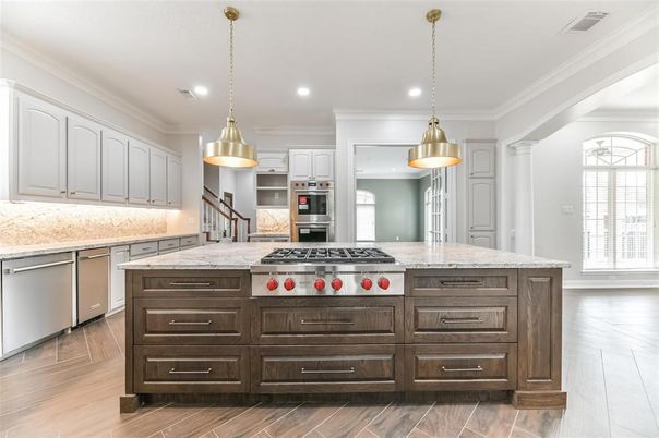 Interior, Kitchen, Pendant Lights, Recessed Lighting, Stainless Steel Appliances, Wood Texture Flooring