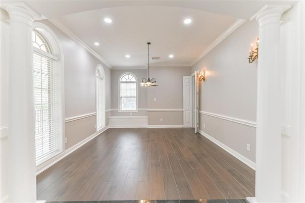 Empty room, Interior, Pendant Lights, Recessed Lighting, Wood Texture Flooring