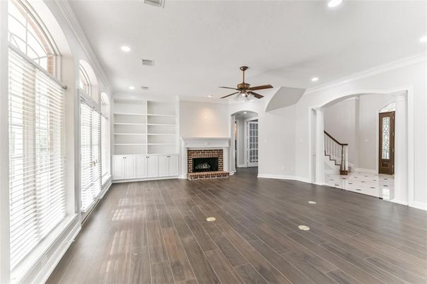 Empty room, Fireplace, Interior, Recessed Lighting, Wood Texture Flooring