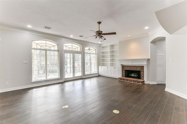 Empty room, Fireplace, Interior, Recessed Lighting, Wood Texture Flooring