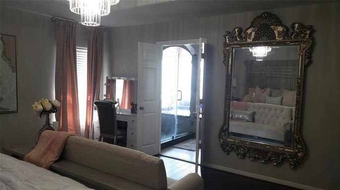 Bedroom, Chandelier, Interior, Wood Texture Flooring