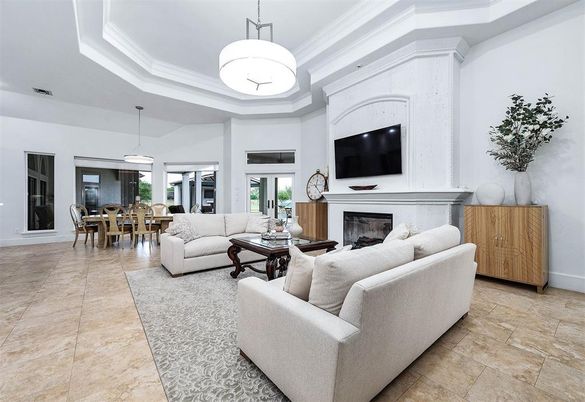 Dining room, Fireplace, Interior, Living room, Pendant Lights