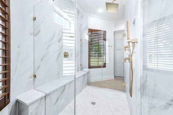 Bathroom, Glass Shower, Interior, Marble Walls, Recessed Lighting