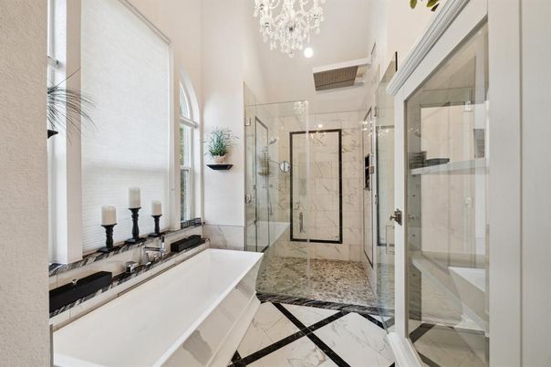 Bathroom, Chandelier, Glass Shower, Interior, Marble, Marble Walls