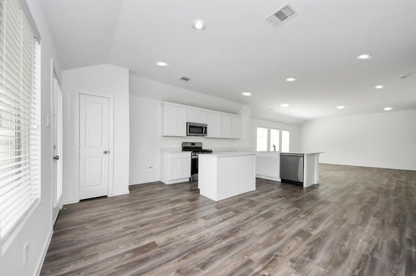Empty room, Interior, Kitchen, Recessed Lighting, Wood Texture Flooring