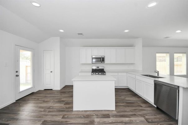 Interior, Kitchen, Recessed Lighting, Stainless Steel Appliances, Wood Texture Flooring