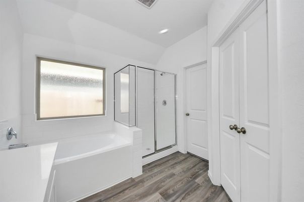 Bathroom, Glass Shower, Interior, Recessed Lighting, Wood Texture Flooring