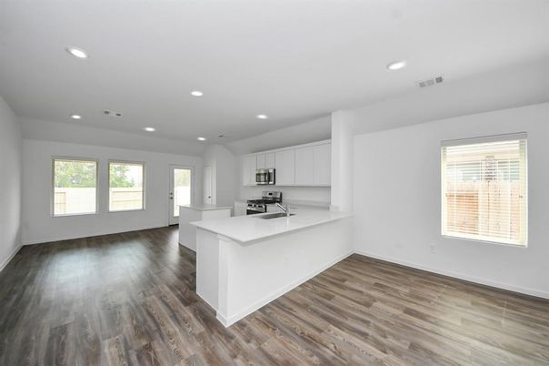 Empty room, Interior, Kitchen, Recessed Lighting, Wood Texture Flooring