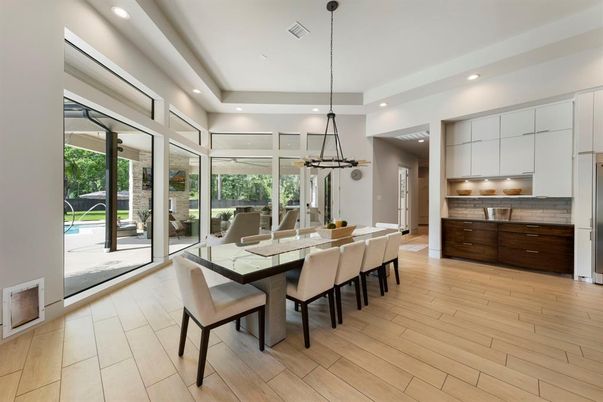 Dining room, Interior, Kitchen, Pendant Lights, Recessed Lighting, Wood Texture Flooring