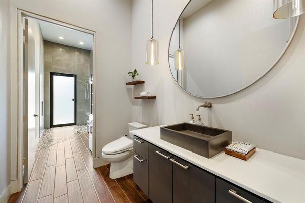 Bathroom, Interior, Pendant Lights, Recessed Lighting, Wood Texture Flooring