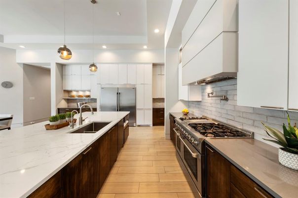Interior, Kitchen, Pendant Lights, Recessed Lighting, Stainless Steel Appliances, Wood Texture Flooring