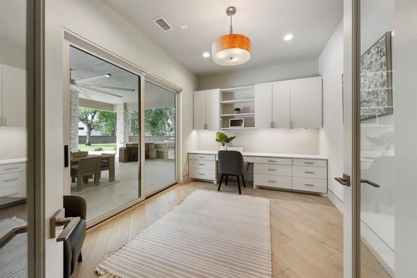 Home Office, Interior, Pendant Lights, Recessed Lighting, Wood Texture Flooring