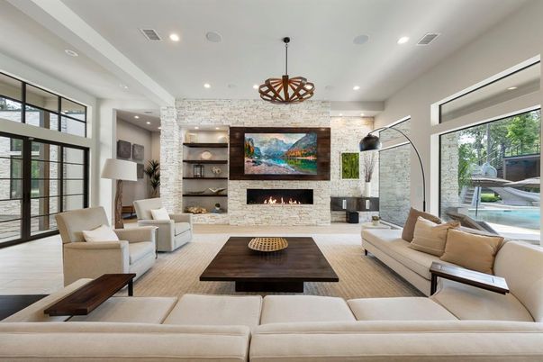 Fireplace, Interior, Living room, Pendant Lights, Piano, Recessed Lighting, Stone Walls, Wood Texture Flooring