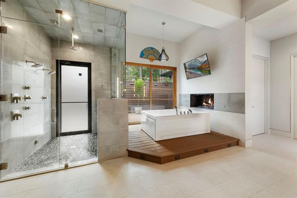 Bathroom, Fireplace, Glass Shower, Interior, Pendant Lights